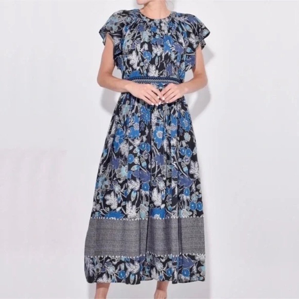 Ulla Johnson Lottie Midi Dress in Lapis Blue Black Floral